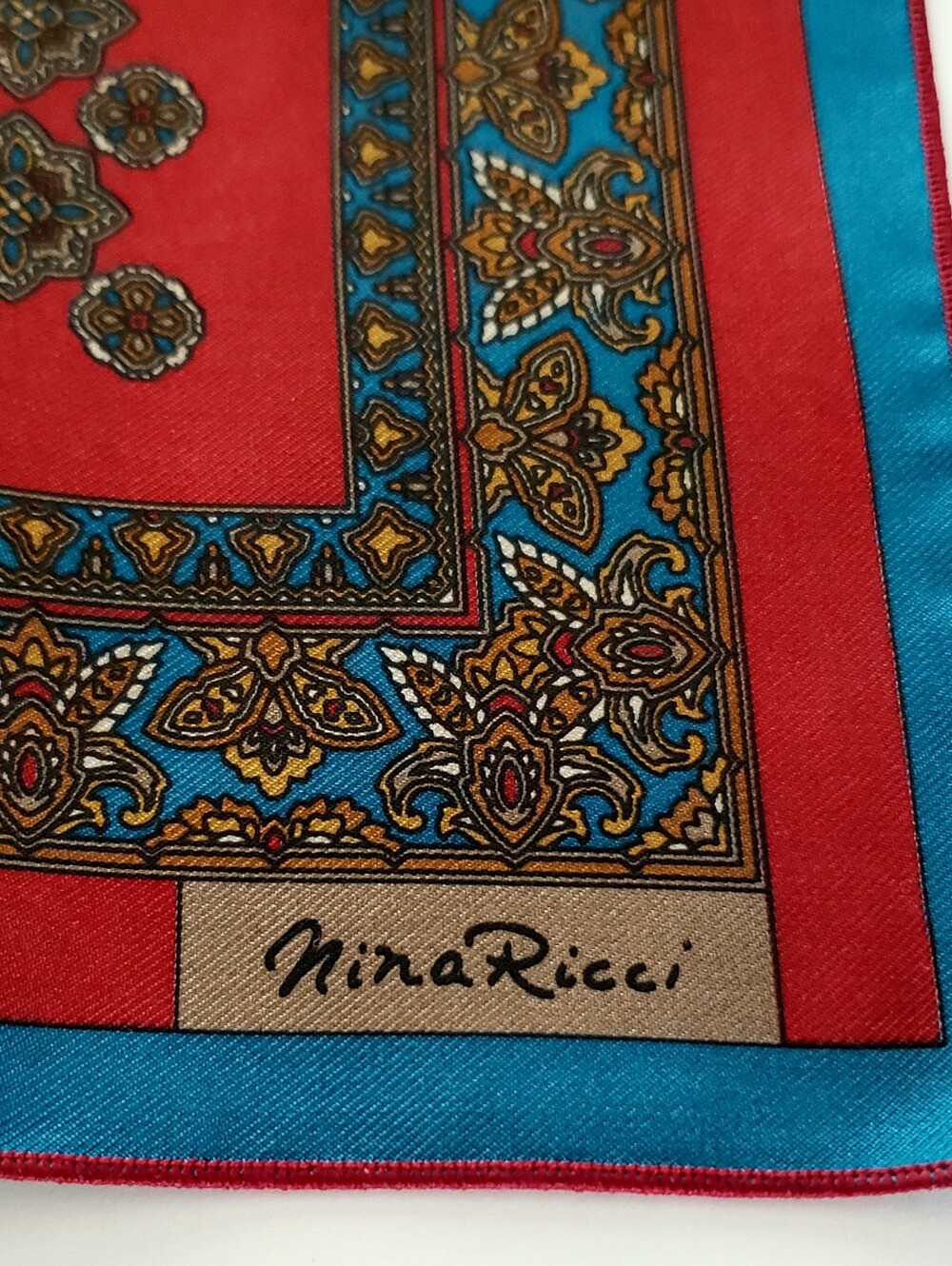 Nina Ricci Luxury Silk Pocket Square Red Blue Geometric Foulard Mint Condition - Picture 3 of 3